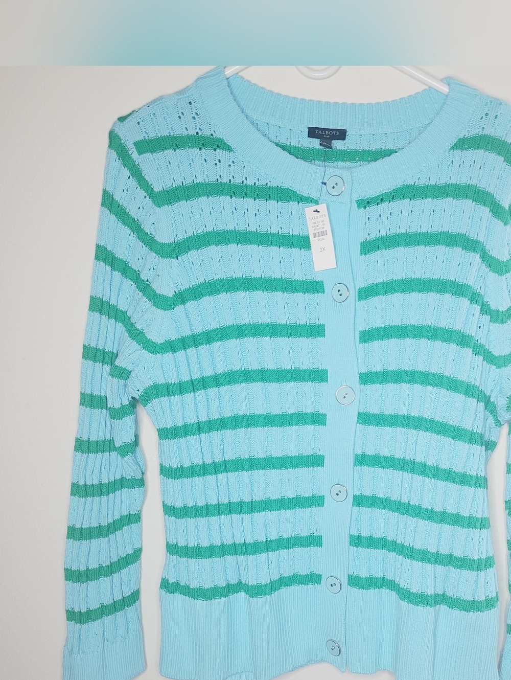 Talbots Textured Crewneck Cardigan Bicolor Stripe Women's 1X Preppy Academia